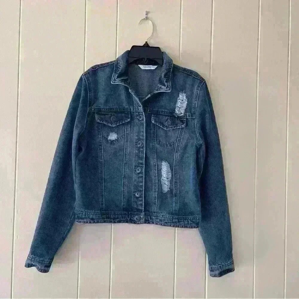 Womens Highway Jeans Distressed Jean Denim Jacket Size M Light Wash New!